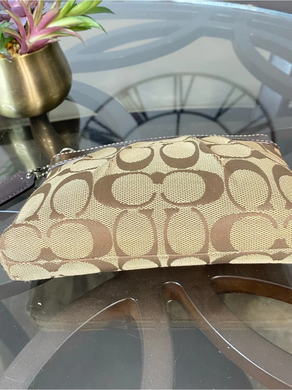 Coach Signature Pleated Wristlet Khaki Mahogany Canvas Leather Pouch F43434